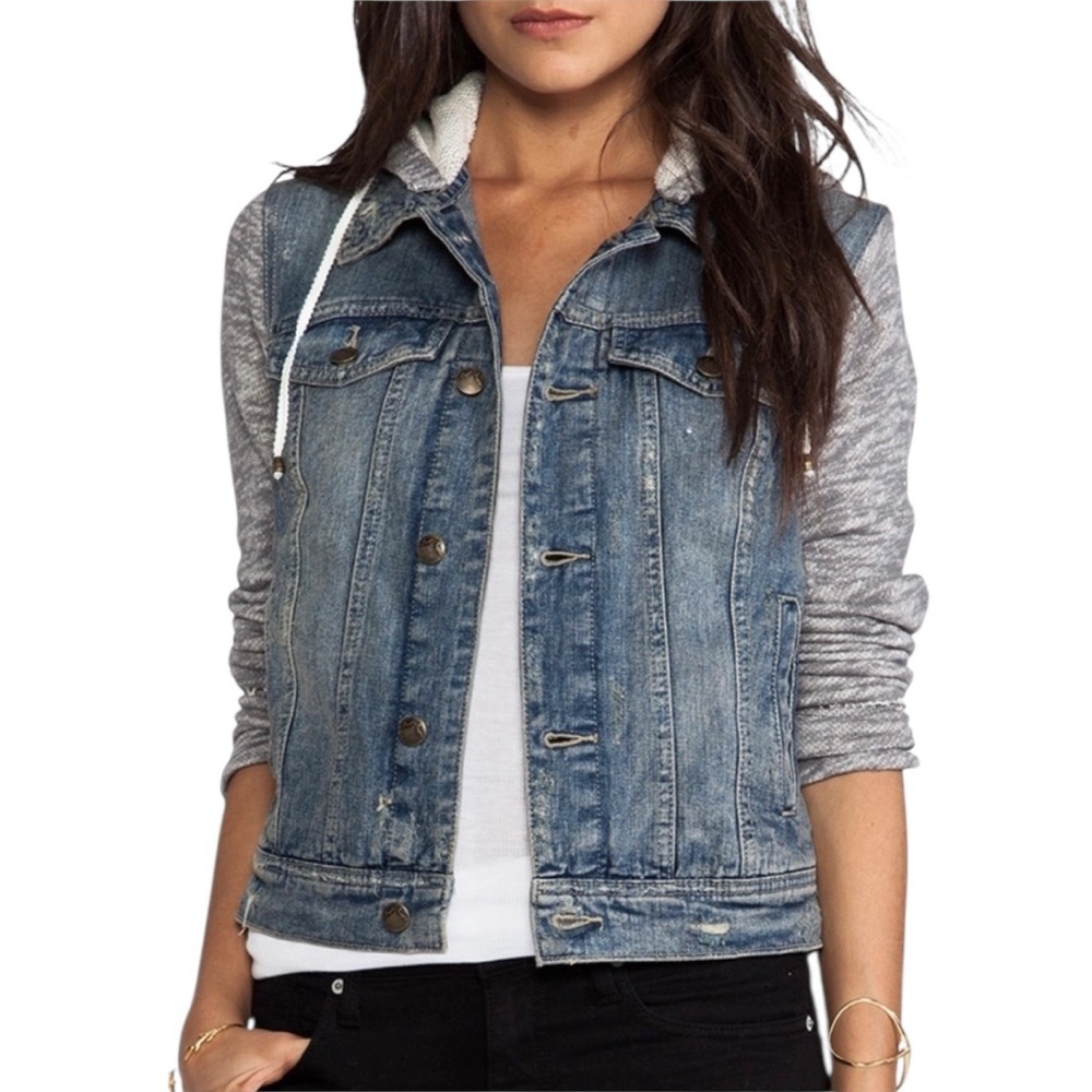 Free People Women’s Indie Wash Combo Knit Hooded 100% Cotton Denim Jacket ~ S/P - Picture 2 of 10